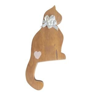 Wooden Cat Shelf Sitter 10.5" White Ribbon Collar with Bow Hanging Tail Country
